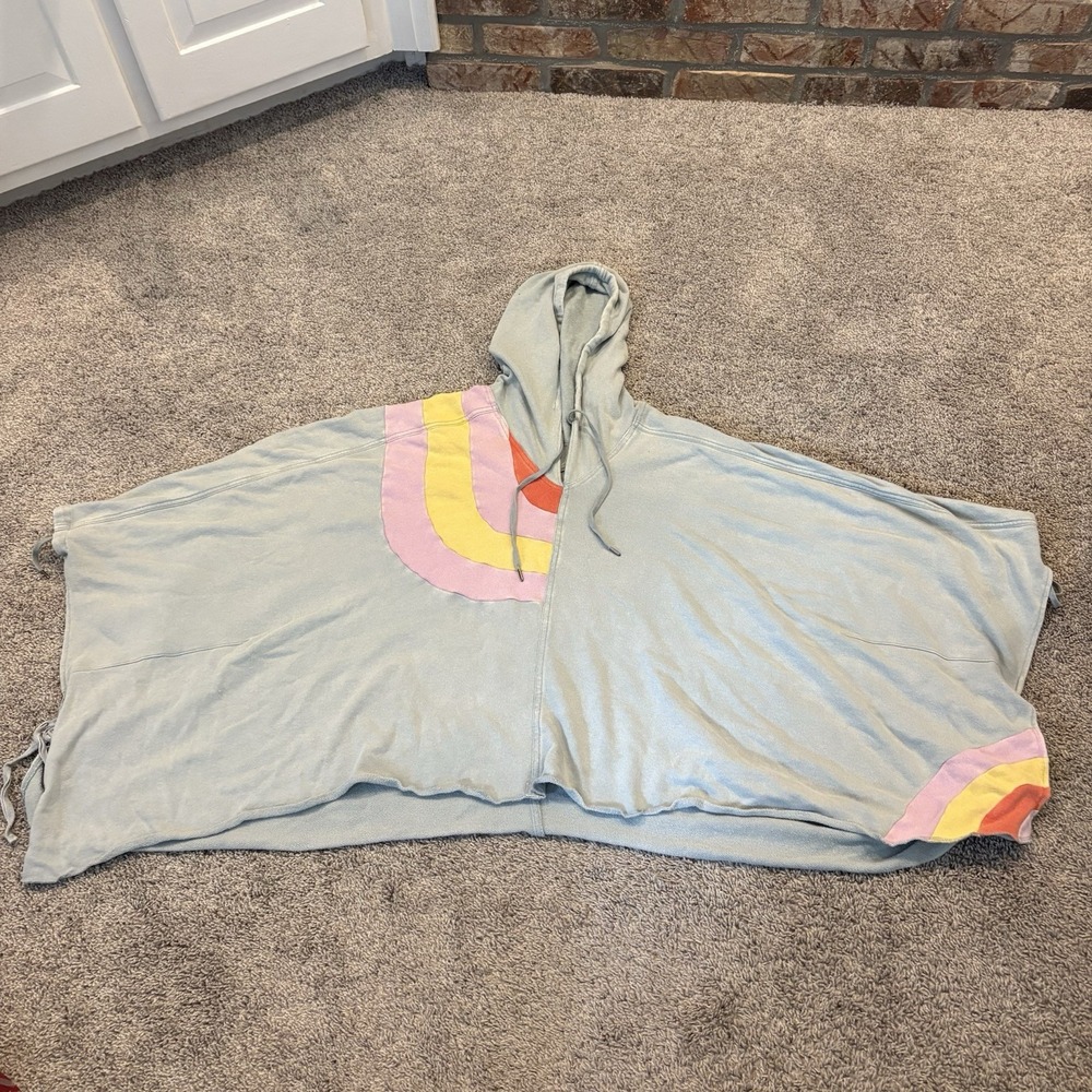 Free People Sunshine Summer Oversize Poncho Hoodie Blue Boho Lagenlook XS/S RARE